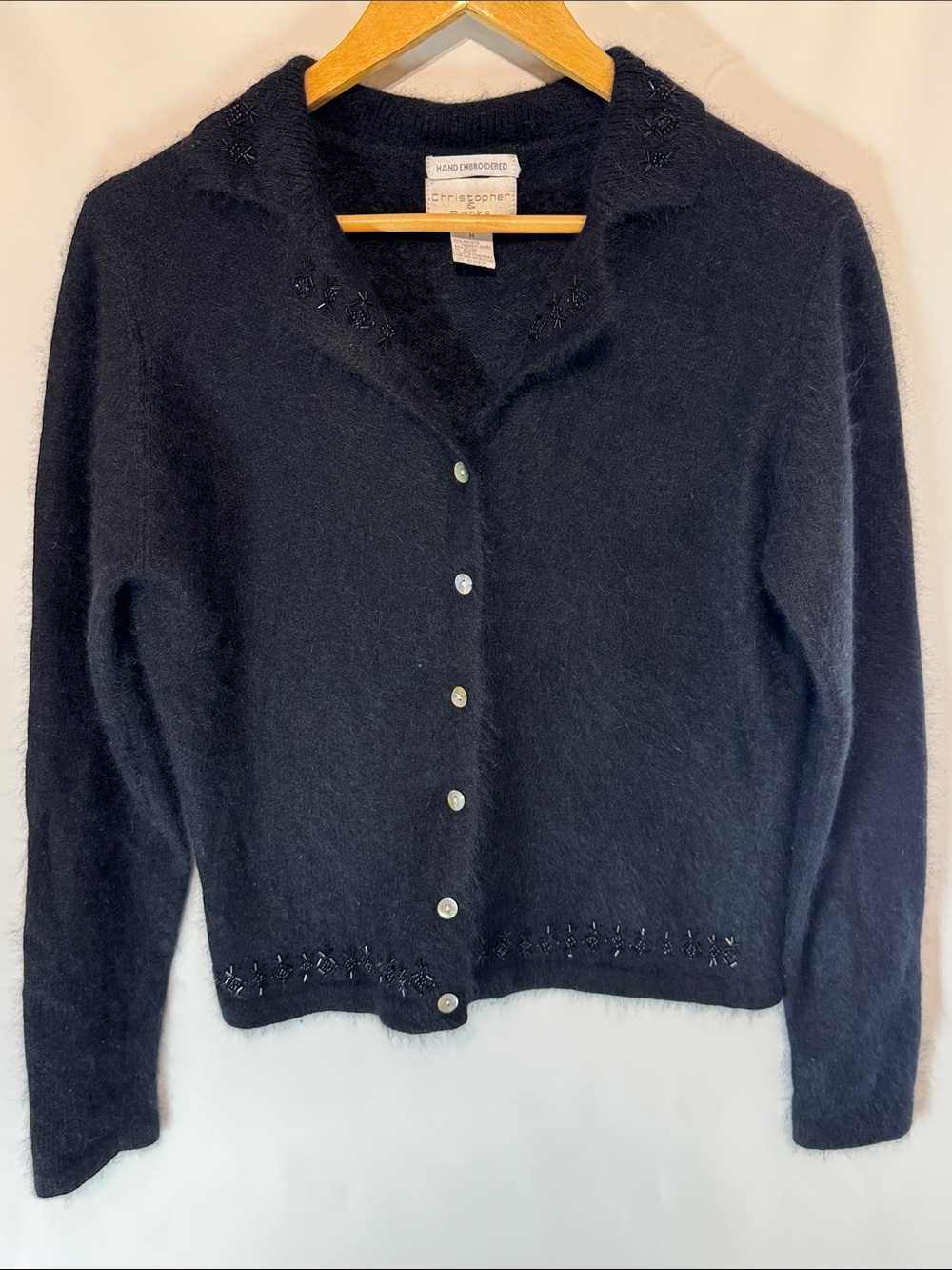 Vtg Christopher & Banks Angora Rabbit Hair Cardigan Black Hand Embroidered M